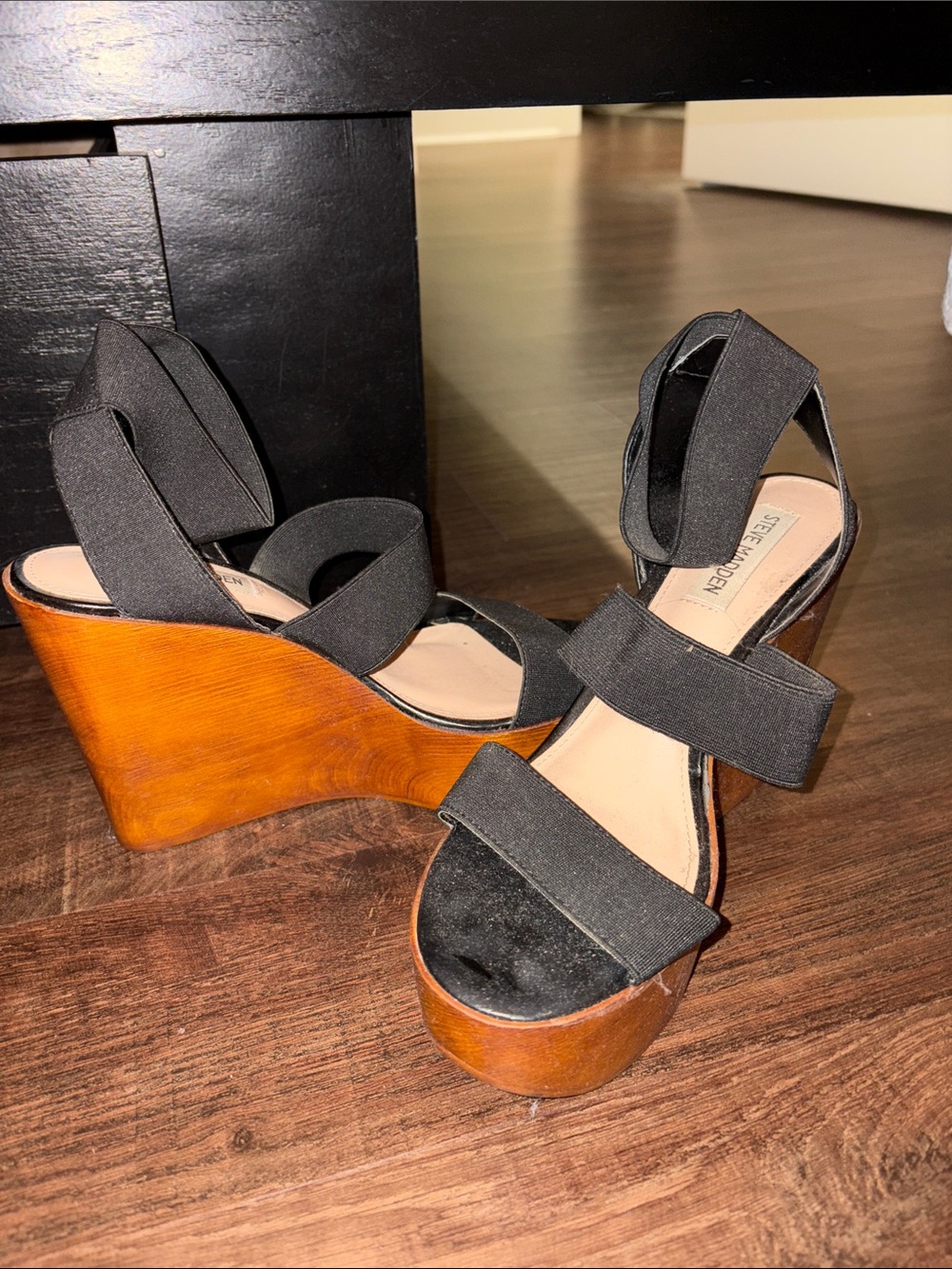 Steve Madden Black Fabric Strappy Platform Wedge Sandals with Wood-Effect Heel